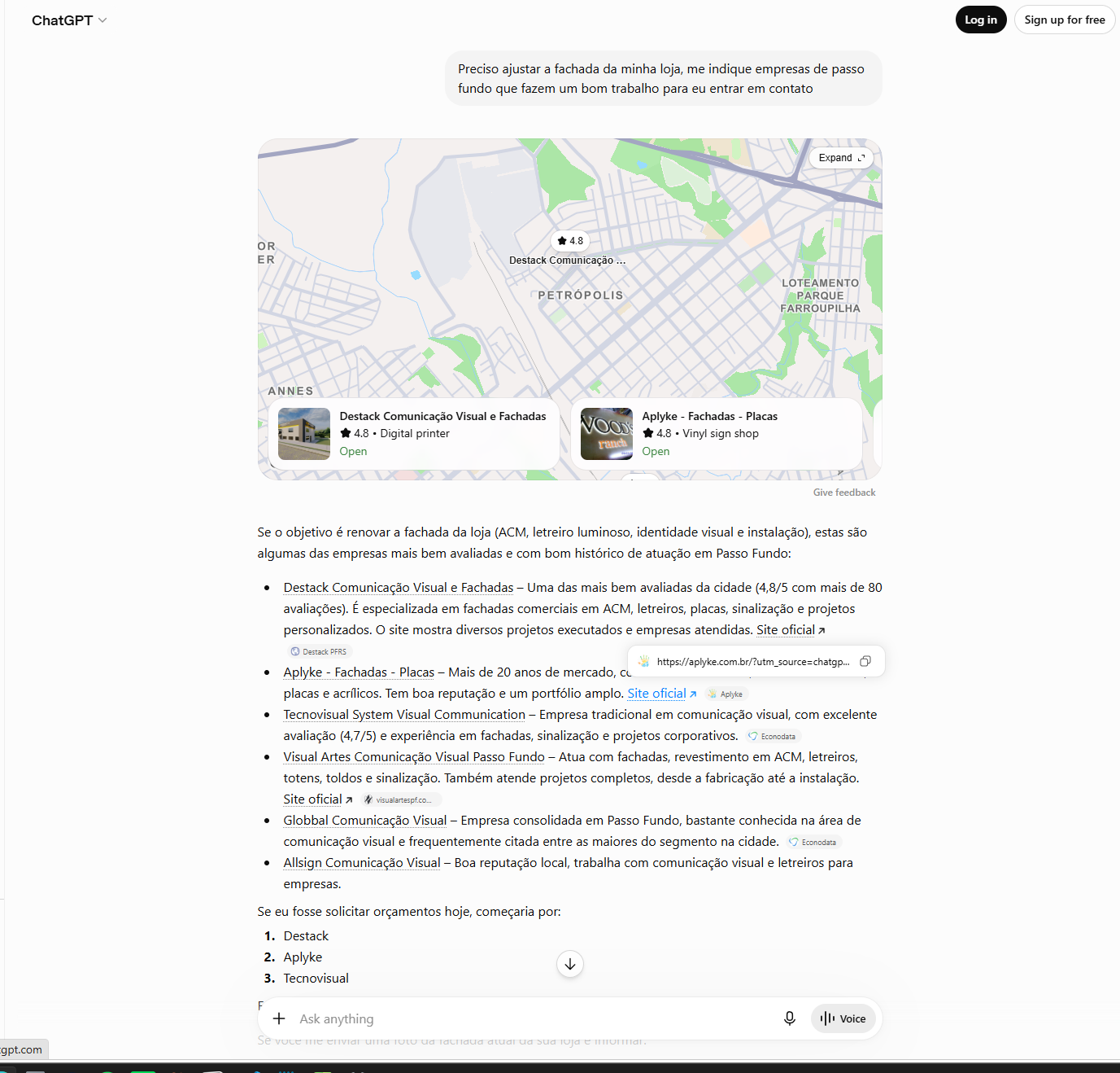 Aplyke recomendada em resposta gerada por IA